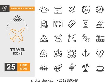 Travel icon set. Beach, air plane, vacation, hotel and more line icon.