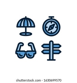 Travel Icon Set With Beach Umbrella, Compass, Sunglasses & Signpost, Vector Illustrations.