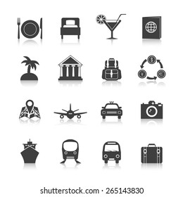 Travel icon set black with hotel room luggage airplane isolated vector illustration