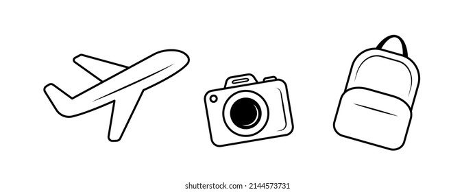 travel icon set, black line icons plane, camera, backpack, air travelling vector icons