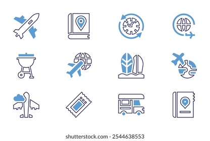 Travel icon set. Bold line style. Duotone colors. Editable stroke. time travelling, travel, fly, travel guide, online business, surfboard, sunset, hat, island, tour, caravan.