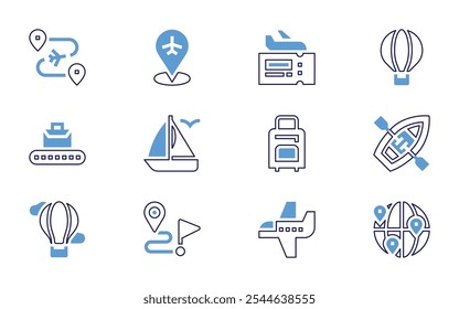 Travel icon set. Bold line style. Duotone colors. Editable stroke. travel, cable car, boat, passport, airplane, air balloon, sailing, route, world.