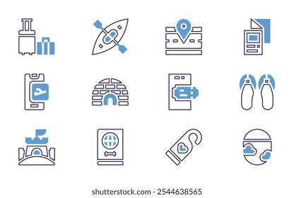 Travel icon set. Bold line style. Duotone colors. Editable stroke. road, flyer, ticket, doorknob, sandals, plane window.