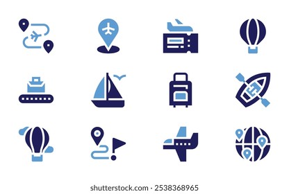 Conjunto de iconos de viaje. Estilo audaz. Duotone colores. marcador de posición, viaje, transportador, barco, vela, ruta, destino, avión, globo de aire, globo de aire caliente.