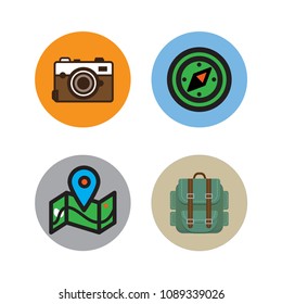 Travel icon set. camera, compass, little map, backpack. vector illustration.