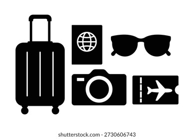 Reisesymbolsatz mit Kamera, Koffer, Reisepass und Bordkarte