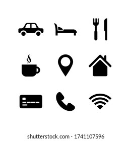 Travel icon set. City Travelling collection. Black car, coffee, cafe, transport, bank, hotel room symbols isolated on white. Vector illustration for web, app, infographics, social media