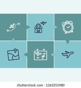 Travel icon set and clock time with map plane, airport lounge and city map. Location related travel icon vector for web UI logo design.