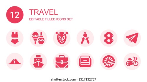 travel icon set. Collection of 12 filled travel icons included Bikini, Maracas, Alien, Compass, Floats, Dune, Ship, Bag, Train, Telegram, Bicycle