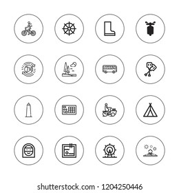 Travel icon set. collection of 16 outline travel icons with arab woman, bicycle, boots, bonfire, biking, earth, helm, launchpad, london eye, lake, paddles, school bus icons.