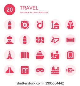 travel icon set. Collection of 20 filled travel icons included Lighthouse, Lifesaver, Bicycle, Beach house, Ship, Volcano, Cologne, Map, Rug, Eiffel tower, Cruise, Gps, Teotihuacan