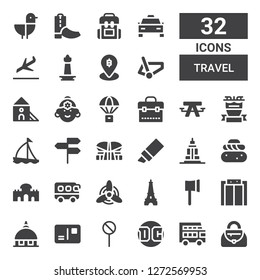 travel icon set. Collection of 32 filled travel icons included Handbag, Double decker bus, Dc, Street sign, Postcard, Vatican, Elevator, Ax, Eiffel tower, Windmill, Bus, Alcala gate