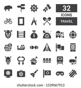 travel icon set. Collection of 32 filled travel icons included Skii, Eye mask, Japan, Balalaika, Briefcase, Colours, Diving mask, Train, Seats, Sand bucket, Brake, Camel, Boarding pass