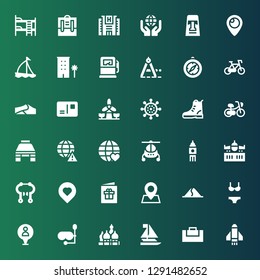 travel icon set. Collection of 36 filled travel icons included Rocket, Gym bag, Sailboat, Kremlin, Diving mask, Pin, Bikini, Dune, Postcard, Location, Brake, Airplane, Big ben