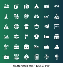 travel icon set. Collection of 36 filled travel icons included Hot air balloon, Airplane, Map book, Compass, Backpack, Briefcase, Volcano, Gym bag, Boots, Windmill, Train, Yoga mat