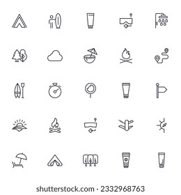 Travel icon set. Collection of outdoor activity sign for web design, UI design, mobile app, etc. Relax outline icon. Camping black pictogram on white background.  