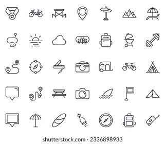Travel icon set. Collection of outdoor activity sign for web design, UI design, mobile app, etc. Relax outline icon. Camping black pictogram on white background.  