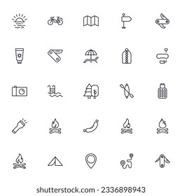 Travel icon set. Collection of outdoor activity sign for web design, UI design, mobile app, etc. Relax outline icon. Camping black pictogram on white background.  