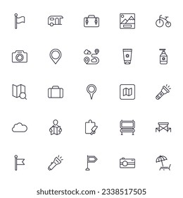 Travel icon set. Collection of outdoor activity sign for web design, UI design, mobile app, etc. Relax outline icon. Camping black pictogram on white background.  