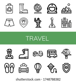 Symbol-Set für Reisen. Kollektion der wiederverwerteten Beutel, Badeanzug, Stiefel, Platzhalter, Globe, Freiheitsstatue, Weltraumanzug, Balalaika, Pyramiden, Hotel, Cyclist, Flip Flops, Hochzeitskarosserien