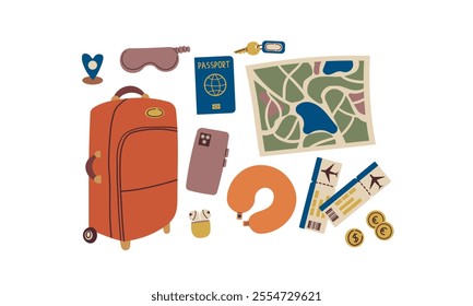 Travel icon set. Travel concept. Set of travel objects isolated on white . Hand drawn doodle flat illustration for card , banner and web design.