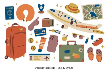 Travel icon set. Travel concept. Set of travel objects isolated on white . Hand drawn doodle flat illustration for card , banner and web design.