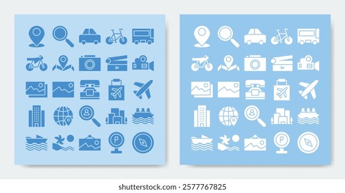 travel icon set. containing beach, bike, boat, bus, camera, car, city, compass and more. vector icons collection