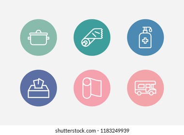 Travel icon set and cooking tool with paper towel, hand sanitize, wipes. Tissue related travel icon vector for web UI logo design.