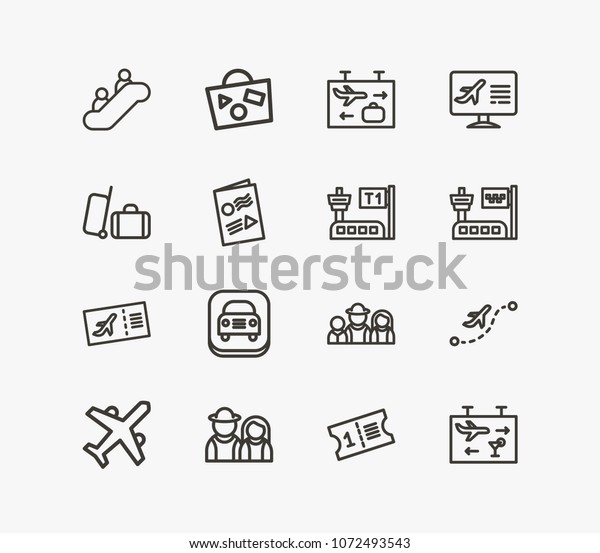 Travel icon set and couple travel with map plane,\
ticket and airport escalator. Cab related travel icon vector for\
web UI logo design.