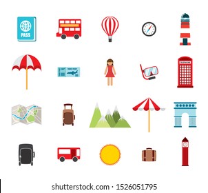 Travel icon set design, trip airport vacation tourism journey holiday transport and voyage theme Vector illustration