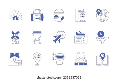 Travel icon set. Duotone style line stroke and bold. Vector illustration. Containing igloo, duffle bag, plane window, passport, travel, windmill, barbecue, international, flight time, oasis, world.