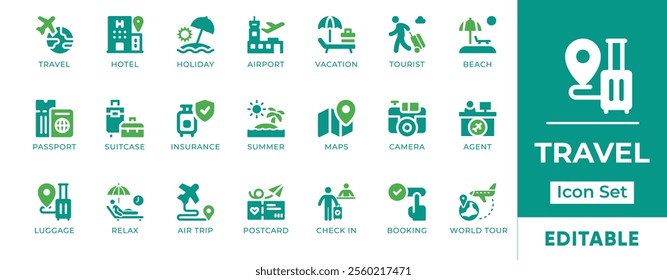 Travel Icon Set. Features editable icons for travel, tourism, vacation, holiday, airport, hotel, luggage, passport, and more. Perfect for travel agencies, tourism websites, and travel bloggers.