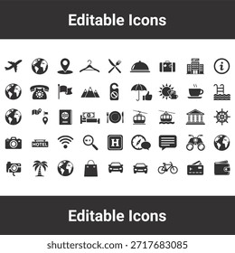 Conjunto de iconos de viaje con varios símbolos de transporte, hotel y turismo para conceptos de vacaciones y navegación global