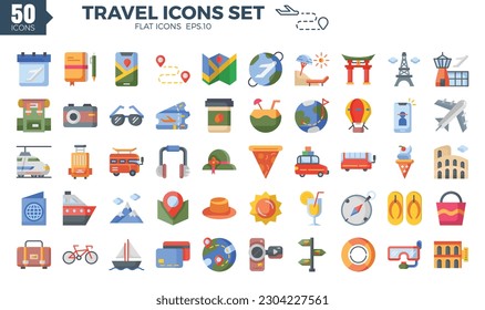 Travel icon set (flat). The collection includes web design, application design, UI design,