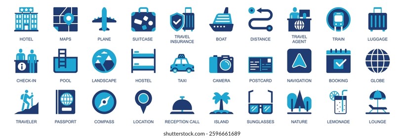 Travel icon set in flat duotone solid icons web design. Pack pictograms with hotel, maps, plane, suitcase, insurance, boat, distance, train, checkin, pool, hostel, taxi, other. Vector illustration.