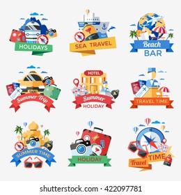 Travel icon set in the form of labels different shaped with ribbons isolated vector illustration