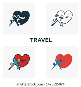 Travel icon set. Four elements in diferent styles from honeymoon icons collection. Creative travel icons filled, outline, colored and flat symbols.