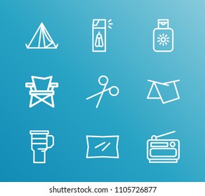 Travel icon set and gadgets with tarp, pillow and tent. Radio related travel icon vector for web UI logo design.
