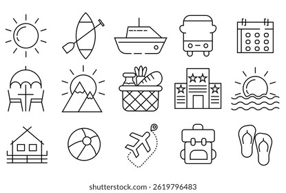 Travel icon set. Holiday related line icons: tourism, Summer vacation, airplane, trip, beach, passport, luggage, camping, hotel and more. Editable stroke. Vector illustration.