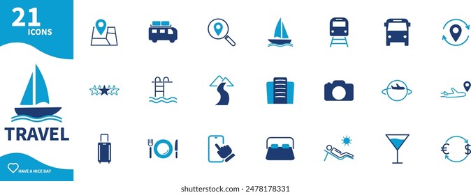 Travel icon. Set of icons for reservations, hotels, transportation, location,...