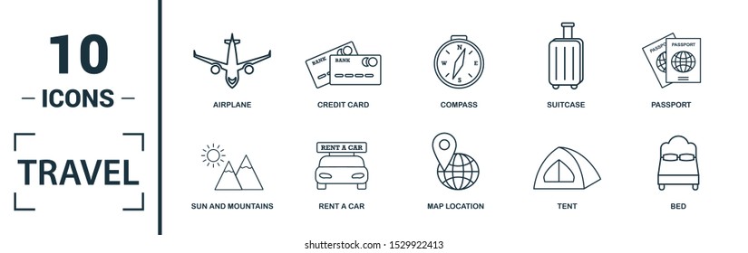 Travel icon set. Include creative elements compass, aircraft, taxi, credit card, sun and mountains icons. Can be used for report, presentation, diagram, web design.
