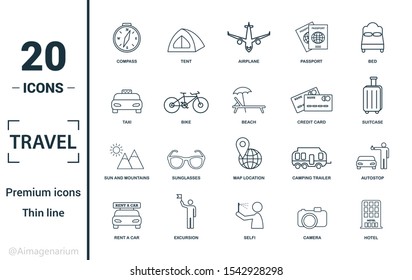 Travel icon set. Include creative elements compass, aircraft, taxi, credit card, sun and mountains icons. Can be used for report, presentation, diagram, web design.
