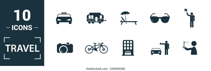 Travel icon set. Include creative elements compass, aircraft, taxi, credit card, sun and mountains icons. Can be used for report, presentation, diagram, web design.