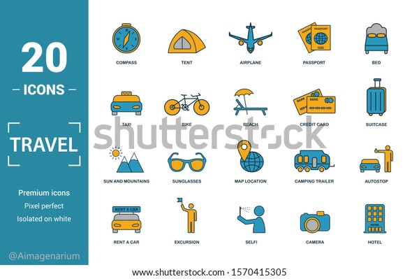 Travel icon set.\
Include creative elements compass, aircraft, taxi, credit card, sun\
and mountains icons. Can be used for report, presentation, diagram,\
web design.