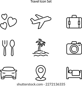 travel icon set include image like heart, airplane, eating, cutlery, tree, beach, camera , taxi car, location pin, sleep icon. icon pack isolated on white background. 