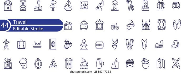 Travel icon set. Includes icons for hotel, plane, camera, pool, travel insurance, booking, vacation, travel, maps, and postcard.