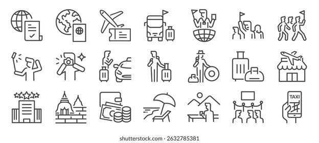 Travel icon set. It includes tour, tourism, flight, vacation, holiday and more icons. Editable Vector Stroke.