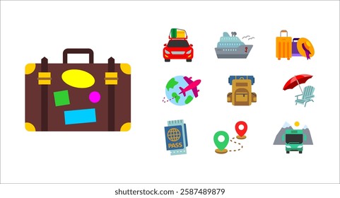 Travel icon set. Journey essentials with suitcase and passport sign. Airplane, cruise, and car symbol. Backpack, map, and location markers pictogram. Vacation elements for tourism illustration.