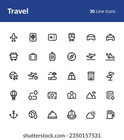 Travel Icon Set with line style. Pixel perfect icons based on 32 x 32 px grids.