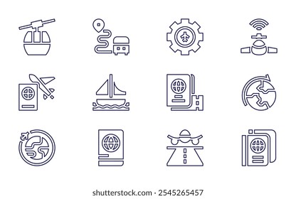 Travel icon set. Line style. Editable stroke. international, barbecue, conveyor, boat, travel, global shipping, sailing, passport.